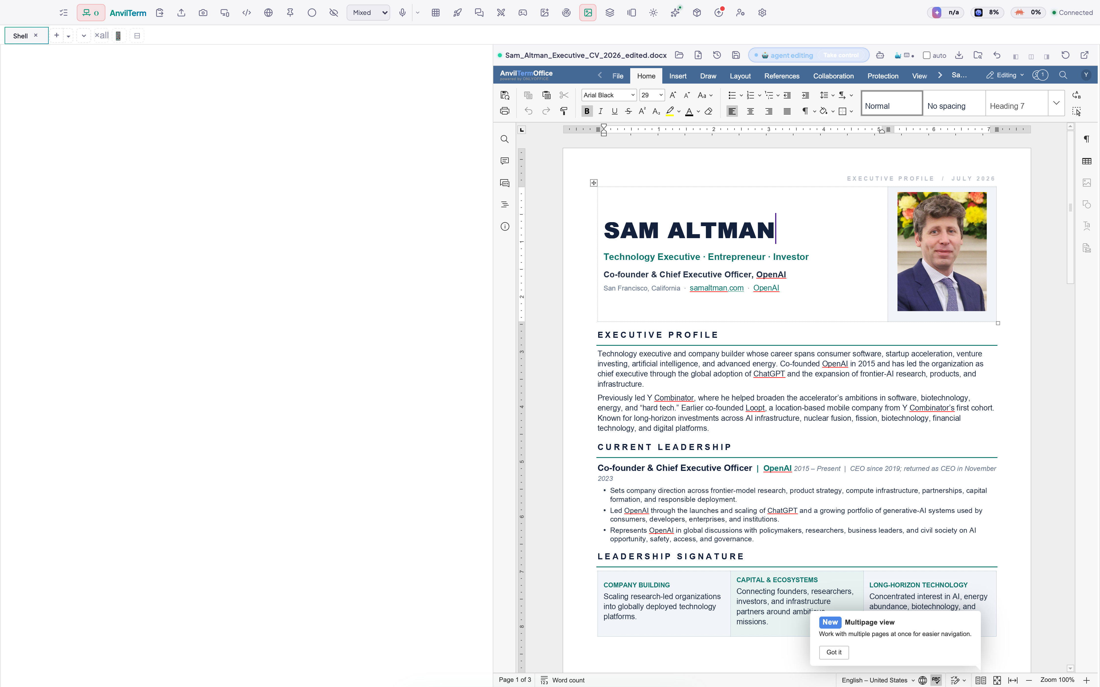 AnvilTermDocs — a live Word document written by GPT-5.6 beside the terminal
