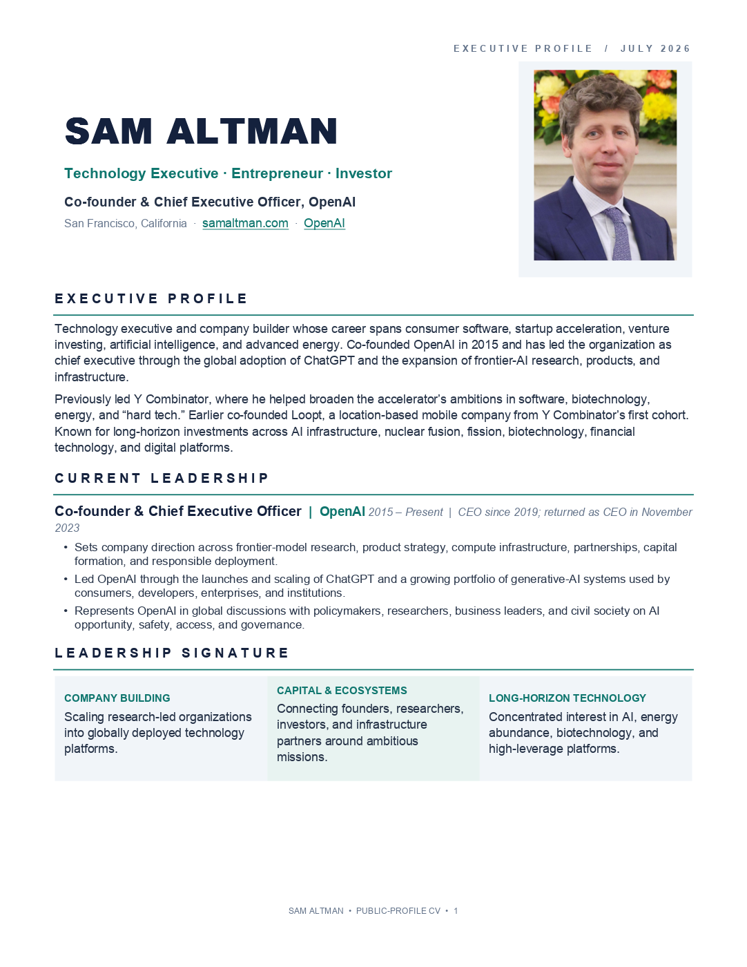 Résumé page 1 — header with photo, executive profile