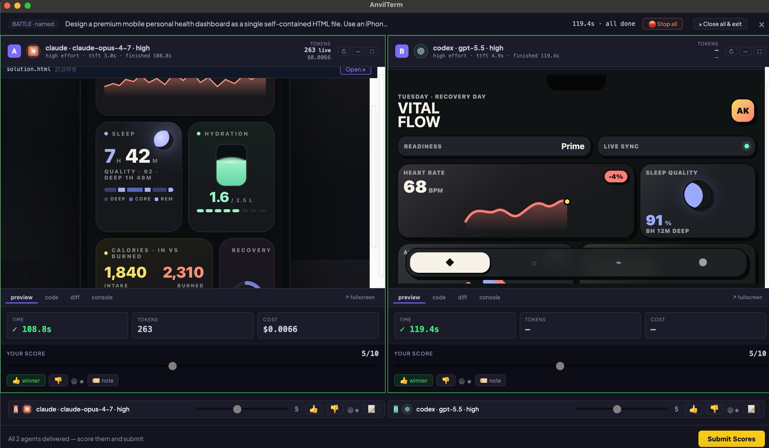 AnvilTerm Arena: Claude Opus 4.7 vs GPT-5.5 High designing a mobile health dashboard. Both ship working HTML; the side-by-side view shows live previews, tokens, time, cost, and a 1-10 score slider per side.