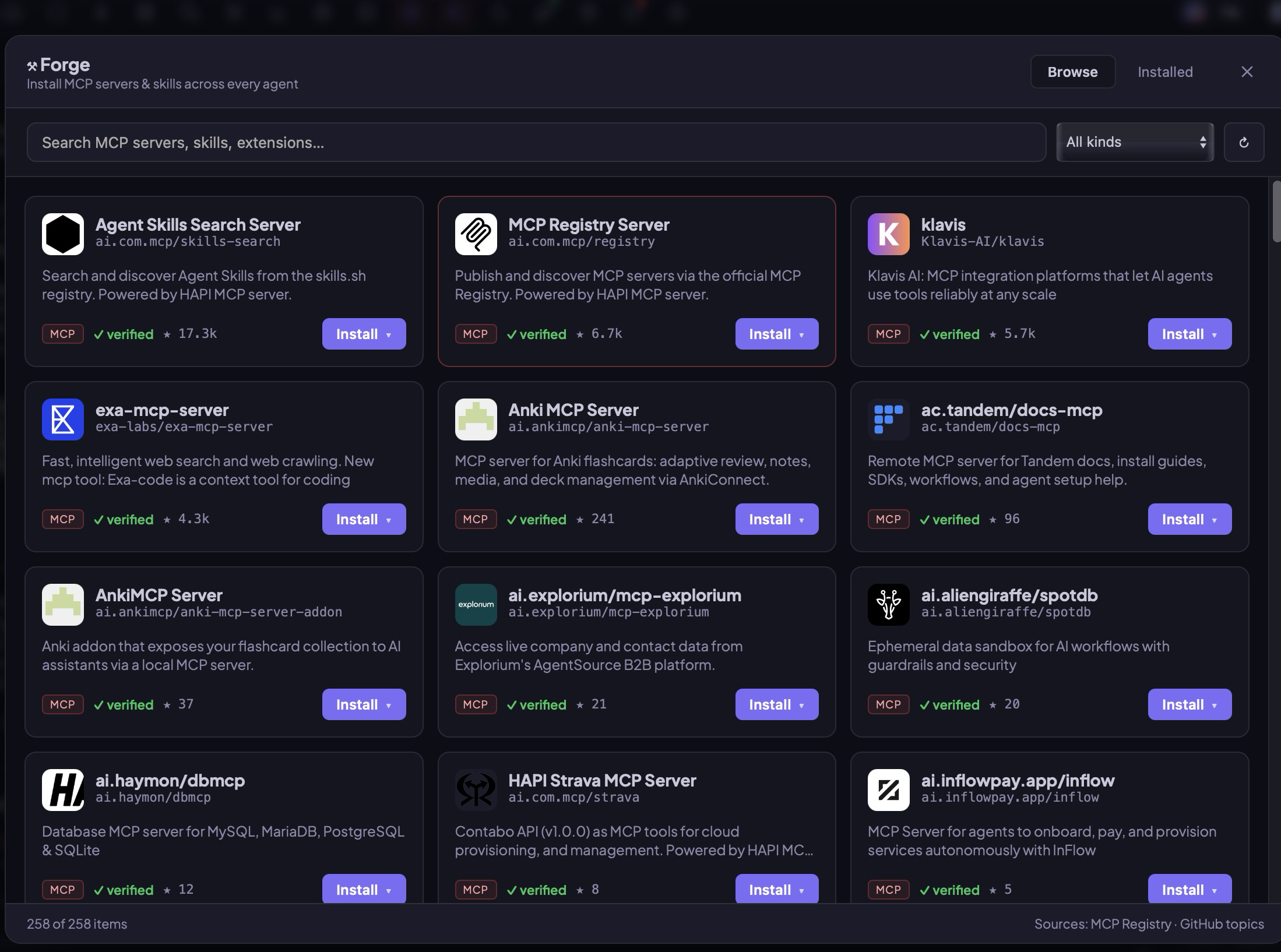 Forge marketplace — search bar over 258 MCP servers and skills with verified badges, star counts, and Install buttons