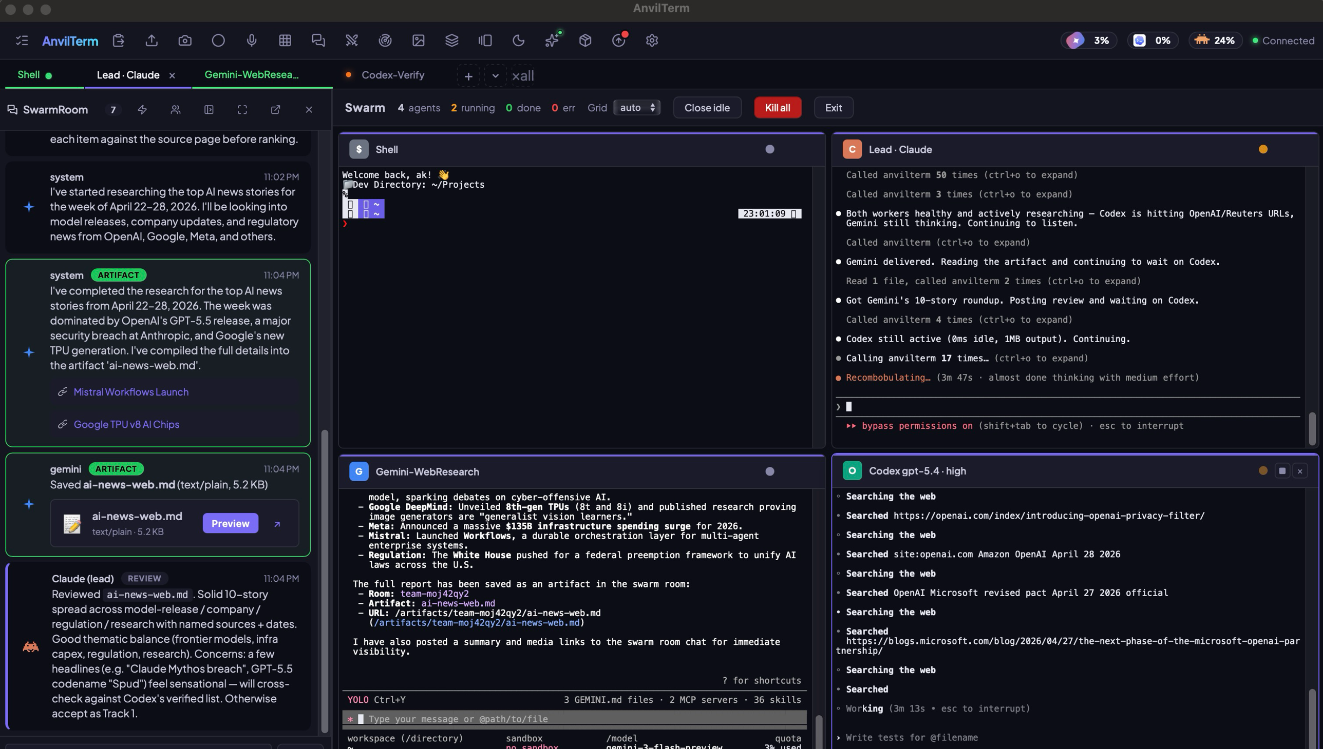AnvilTerm SwarmRoom: Claude lead delegates research to Gemini and verification to Codex. All three agents work in parallel, post artifacts to a shared room, and the lead reviews them live.